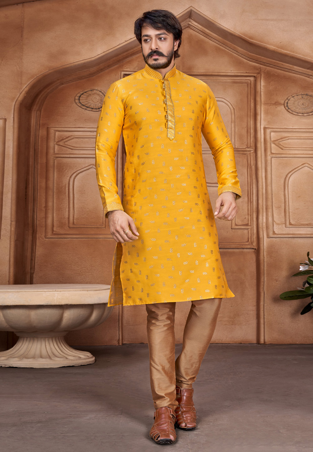 Yellow Jacquard Silk Kurta Pajama 227923