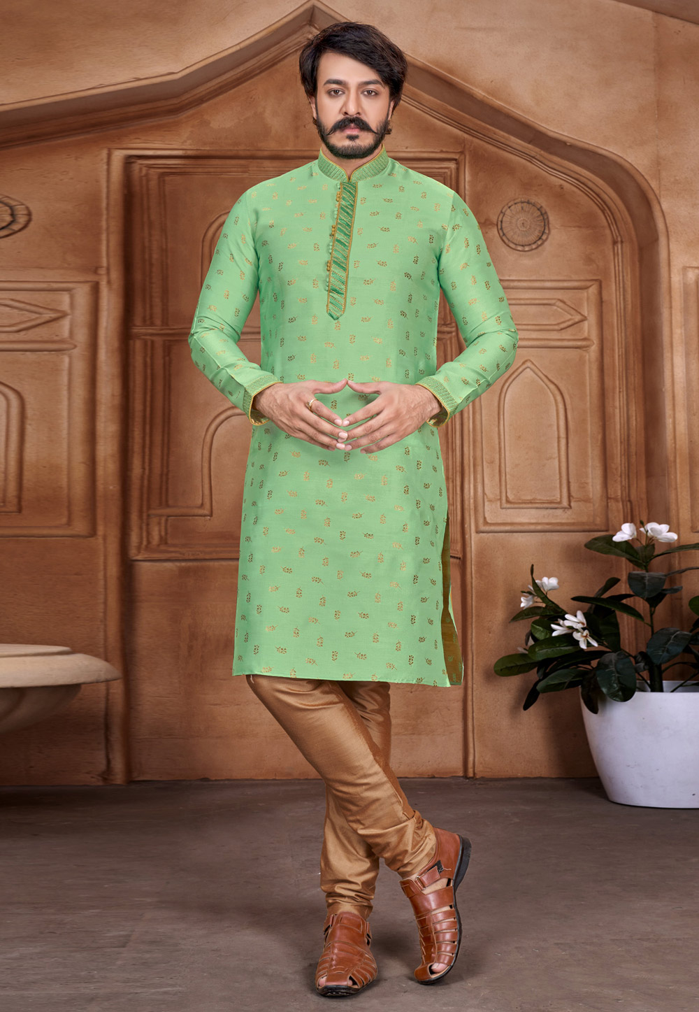 Pista Green Jacquard Silk Kurta Pajama 227924