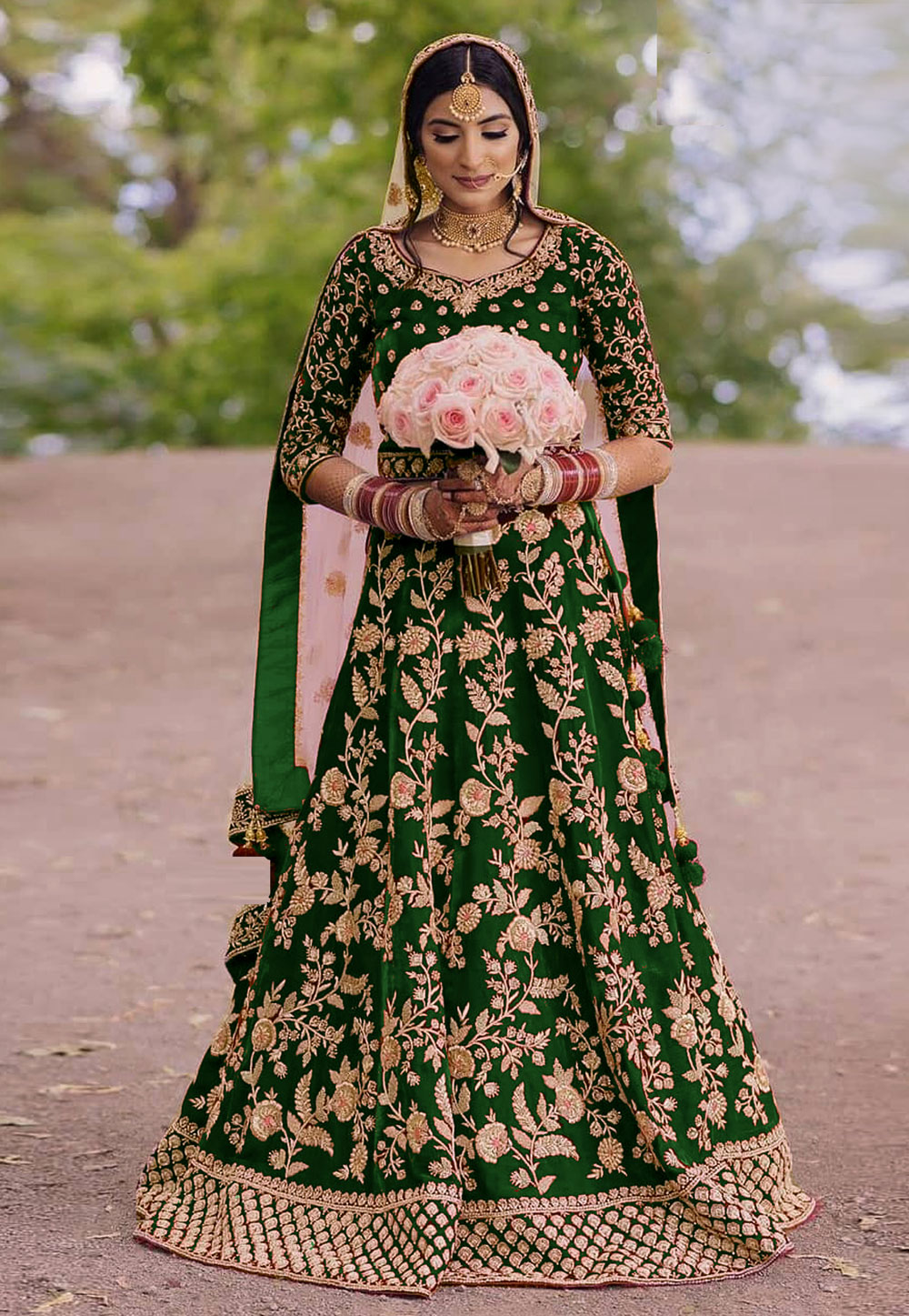Green Embroidered Bridal Velvet Lehenga Choli 218415