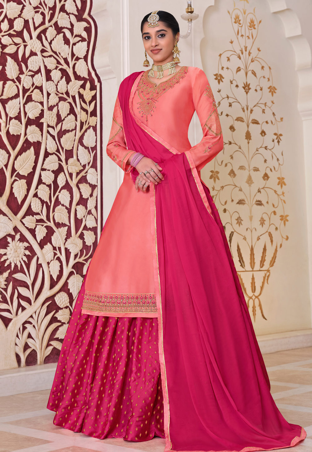 Pink Jacquard Embroidered Indo Western Lehenga Choli 234370