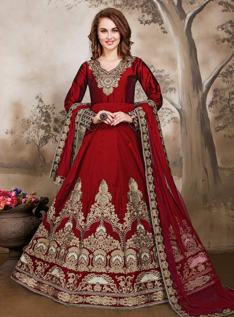 Red Taffeta Silk Embroidery Work Floor Length Anarkali Suit 87066