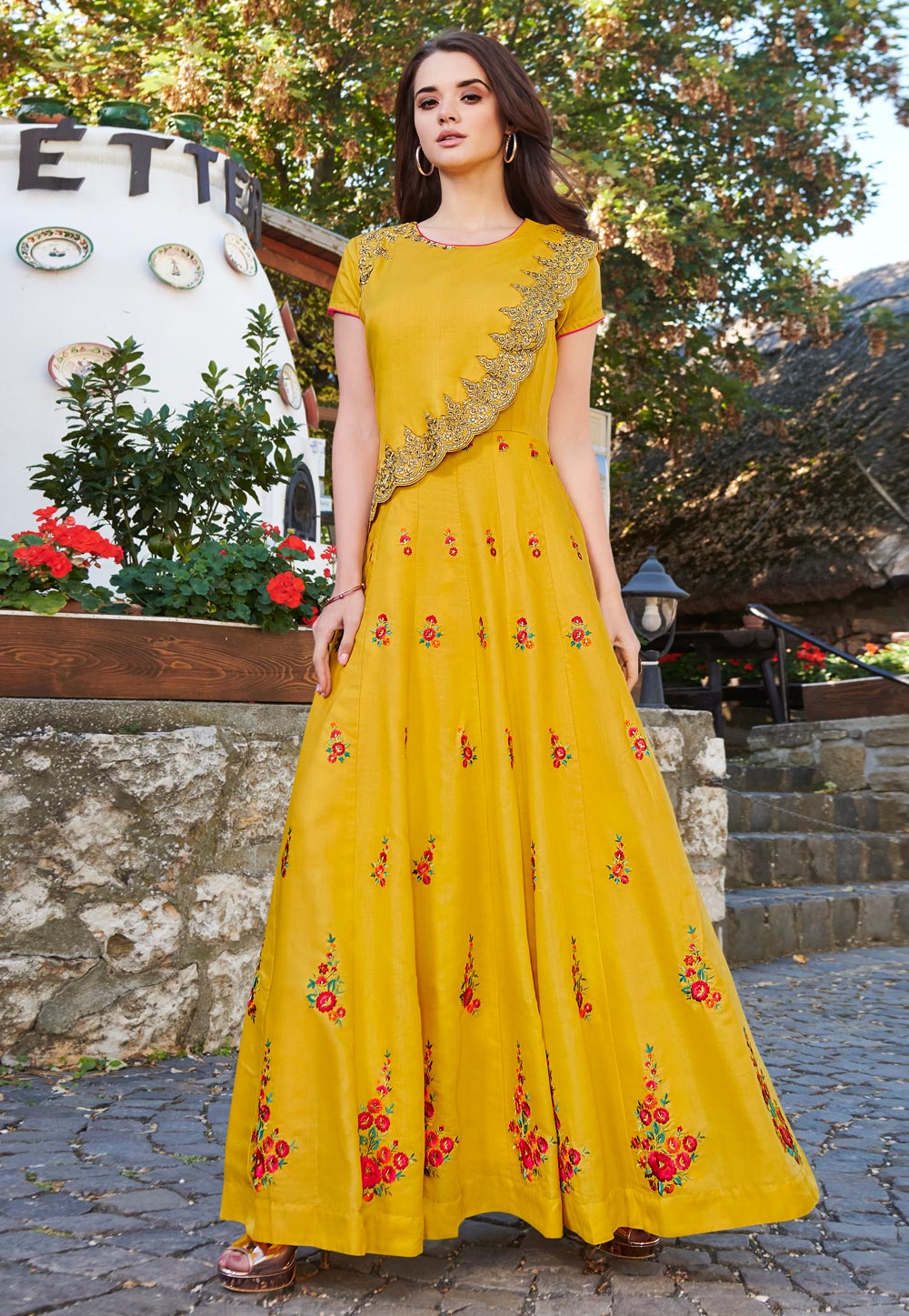 Yellow Muslin Readymade Designer Gown 204120