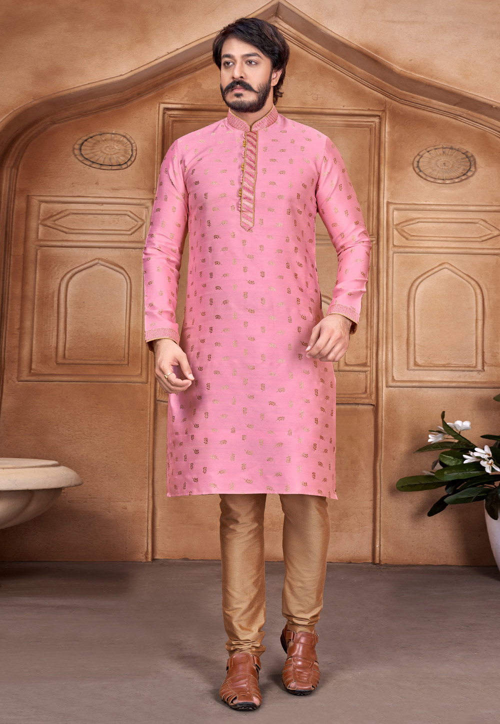 Pink Jacquard Silk Kurta Pajama 227929