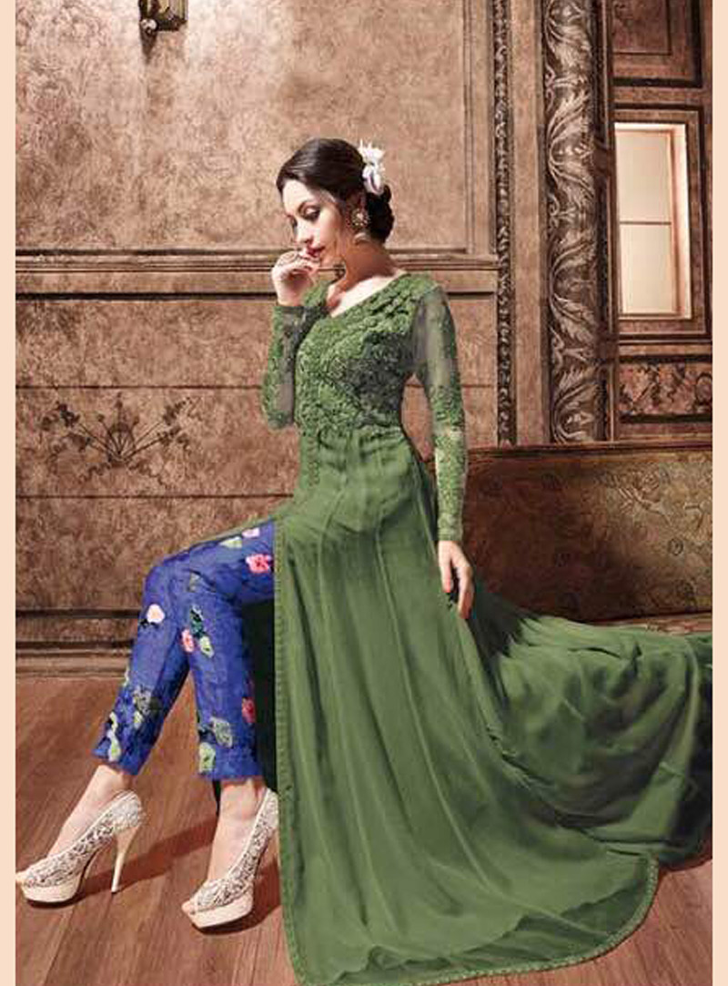 Green Banarasi Silk Pant Style Suit 124588