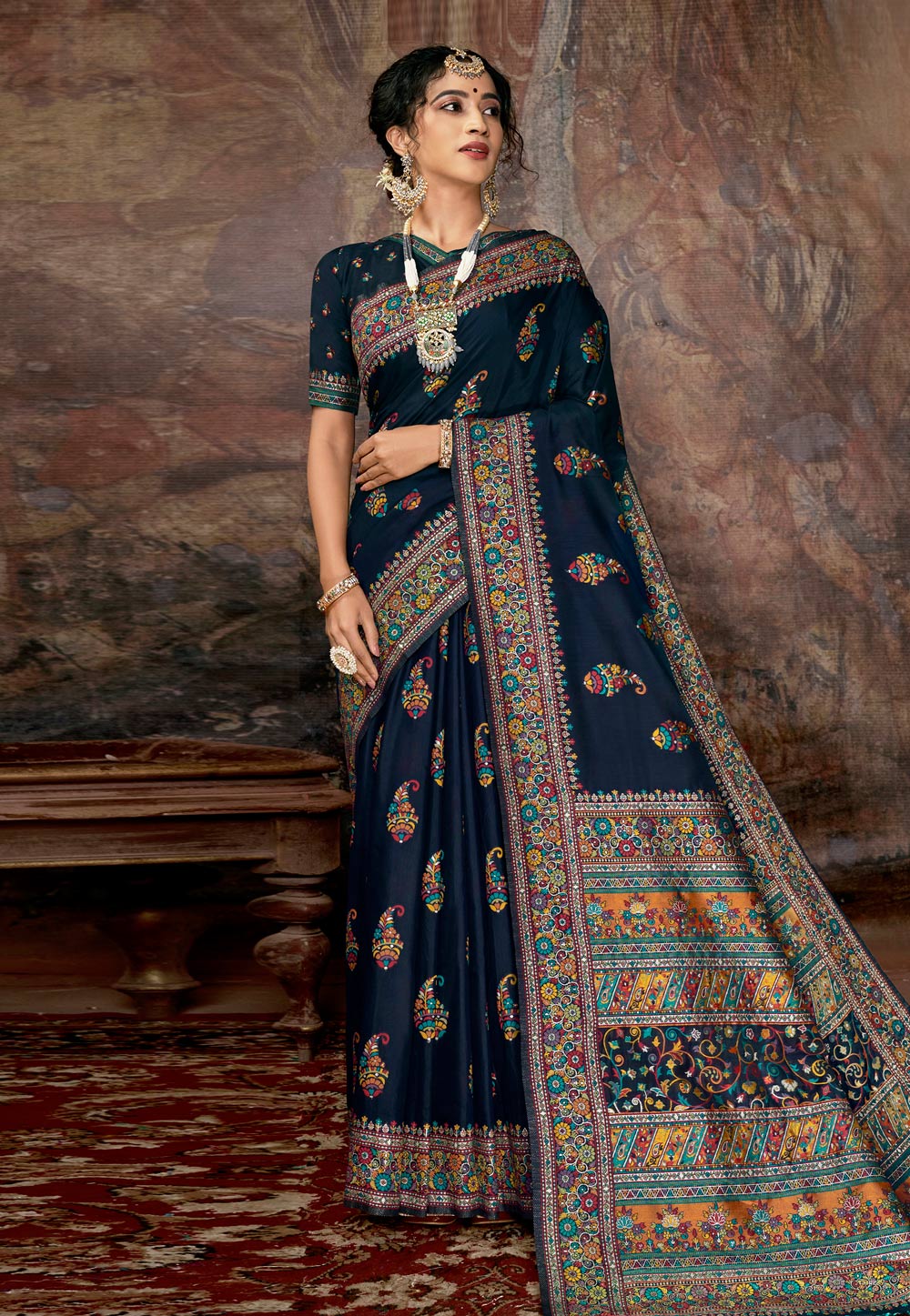 Navy Blue Banarasi Silk Festival Wear Saree 213708