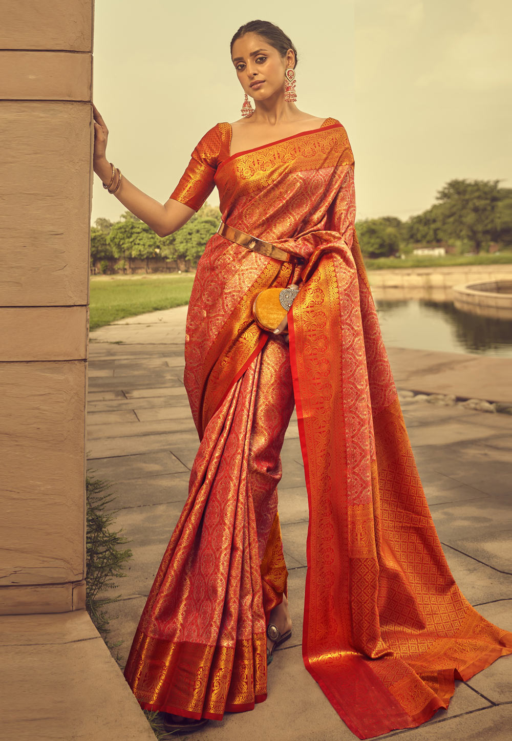 Red Chiniya Silk Saree with Golden Zari Stripes | Mirra clothing