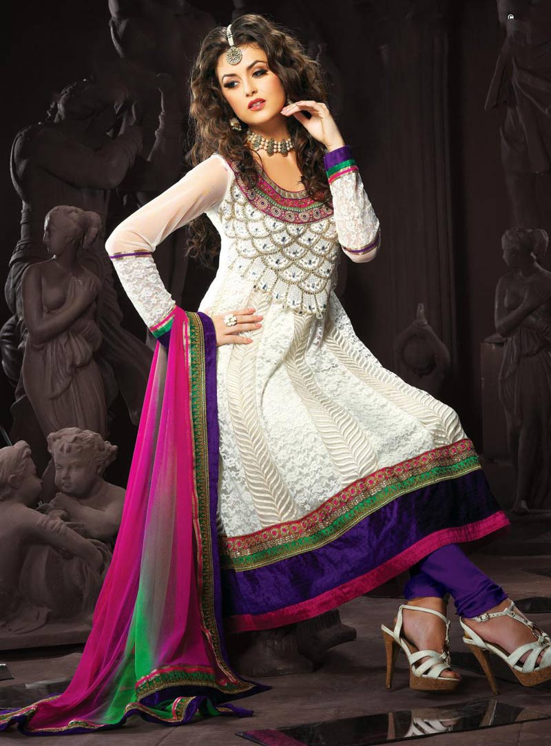White Thread Work Jacquard Anarkali Style Suit 25069