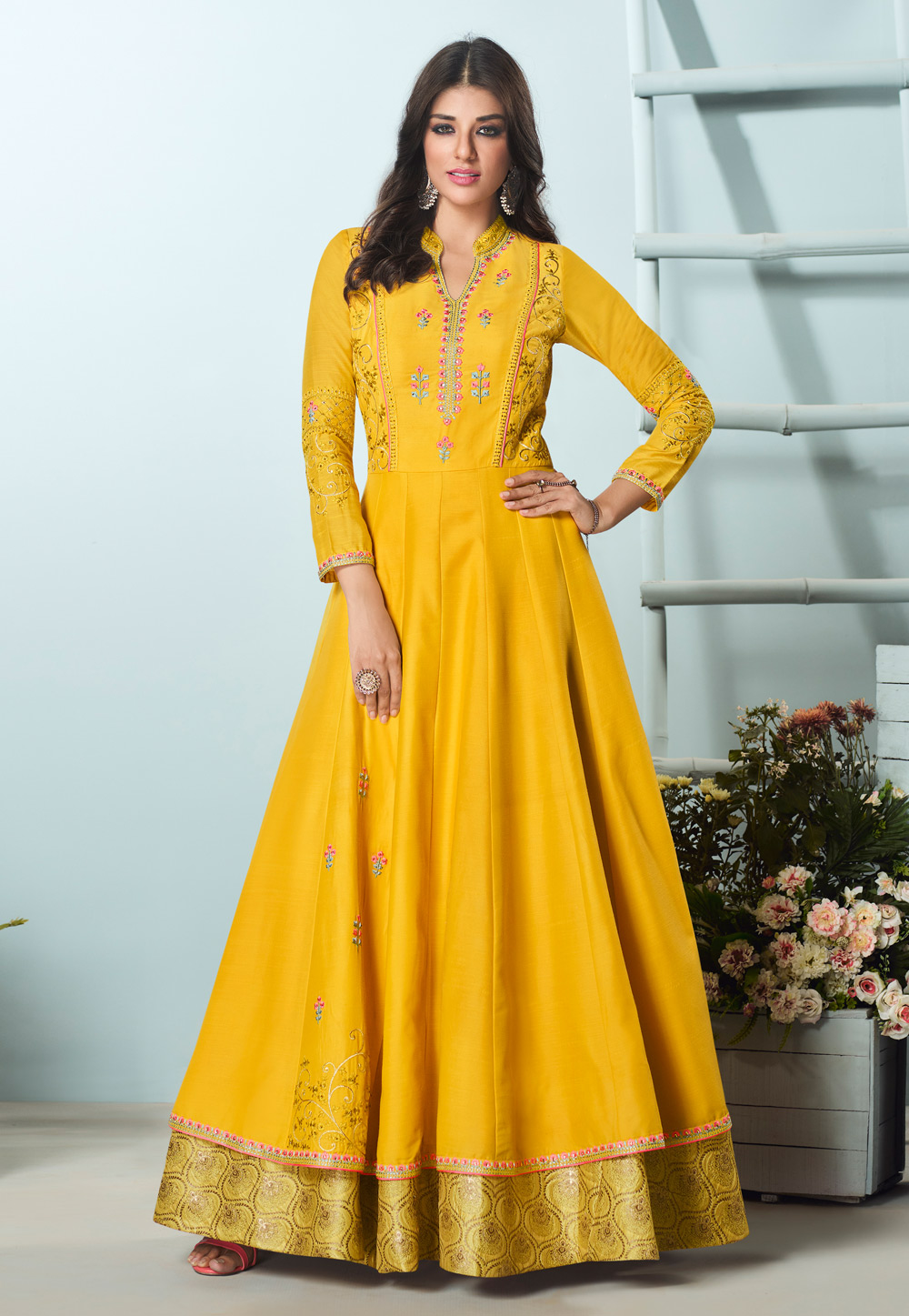 Yellow Muslin Readymade Gown 209038