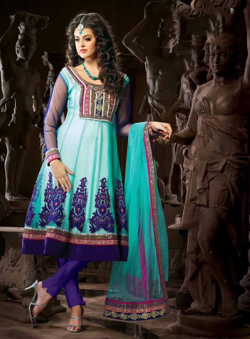 Blue Thread Work Net Full Sleeve Anarkali Salwar Suit 25071