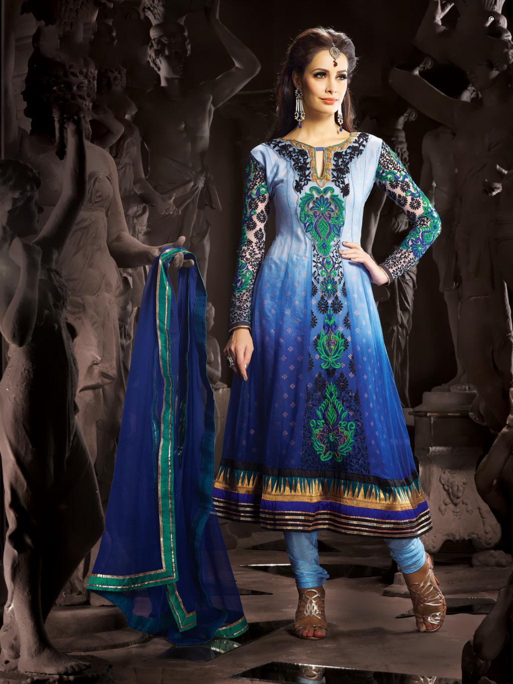 Blue Net Thread Work Long Anarkali Style Salwar Suit 25076