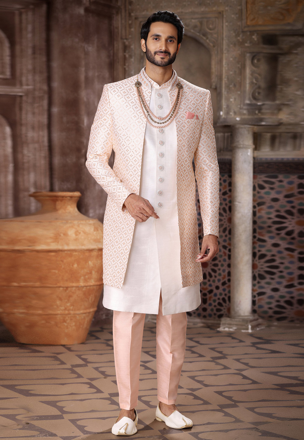 White Art Silk Jacket Style Sherwani 264727