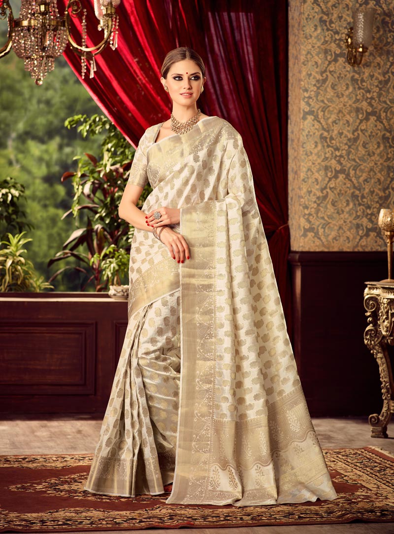 Off White Silk Saree With Blouse 80463