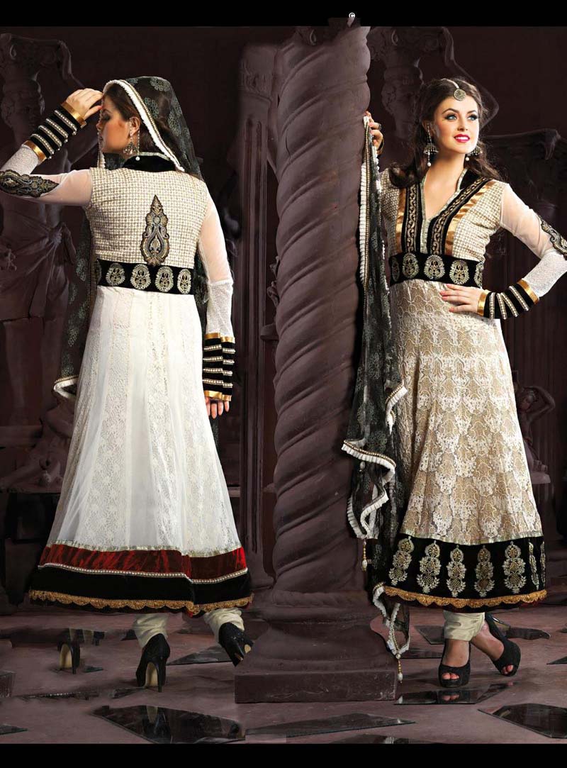 Off White Embroidered Full Sleeve Net Anarkali Style Salwar Suit 25081