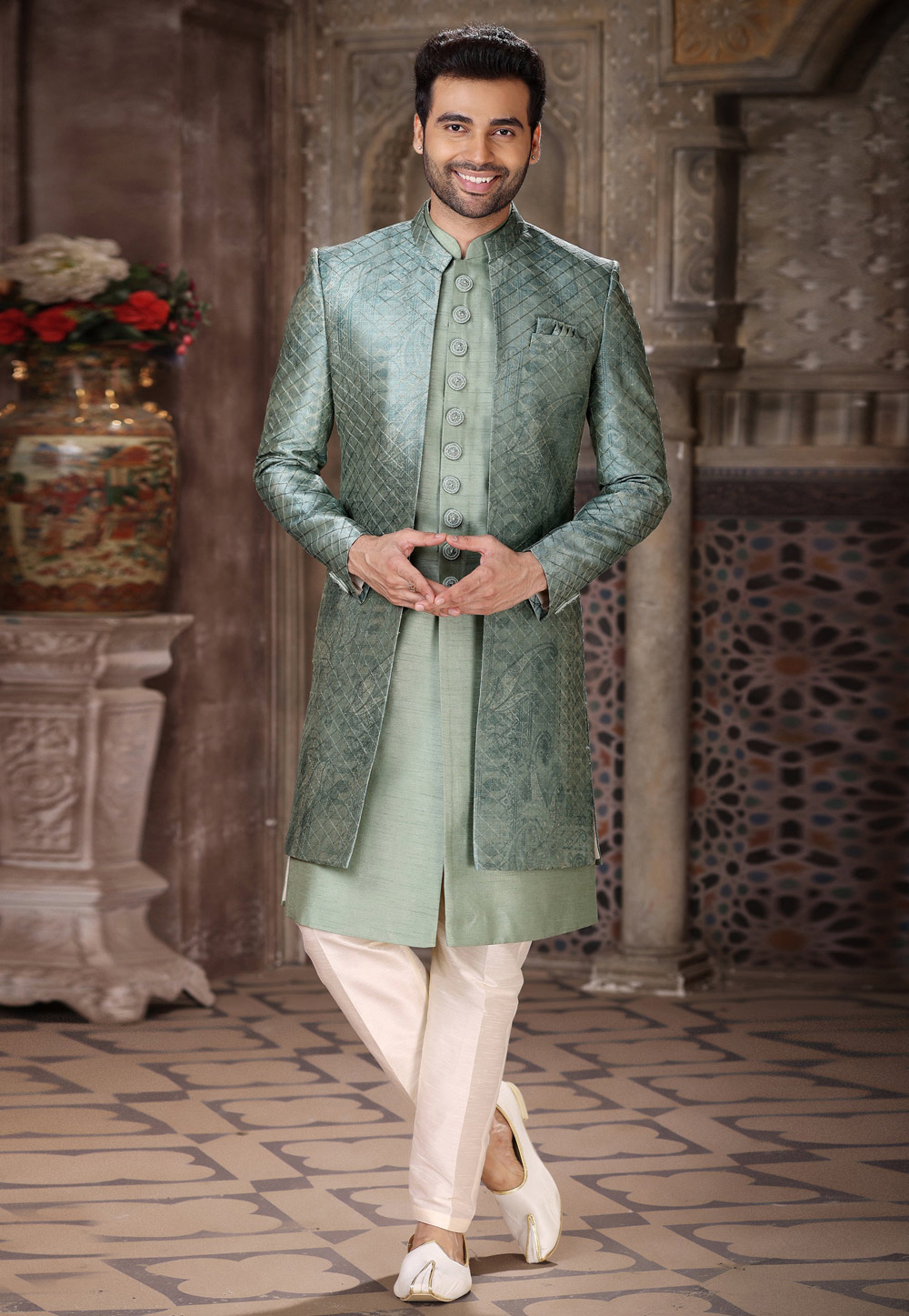 Light Green Art Silk Jacket Style Sherwani 264728