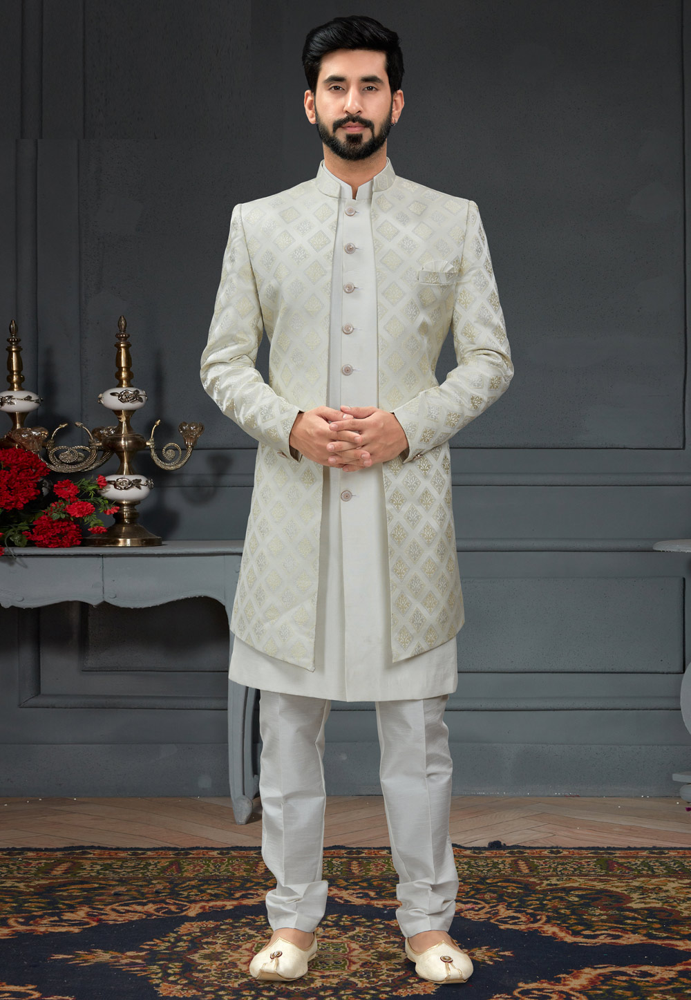 Off White Jacquard Indo Western Suit 246421