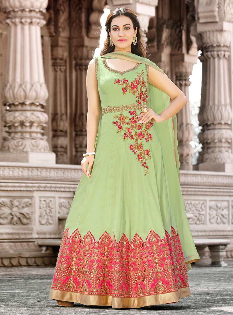 Light Green Cotton Floor Length Anarkali Suit 130108