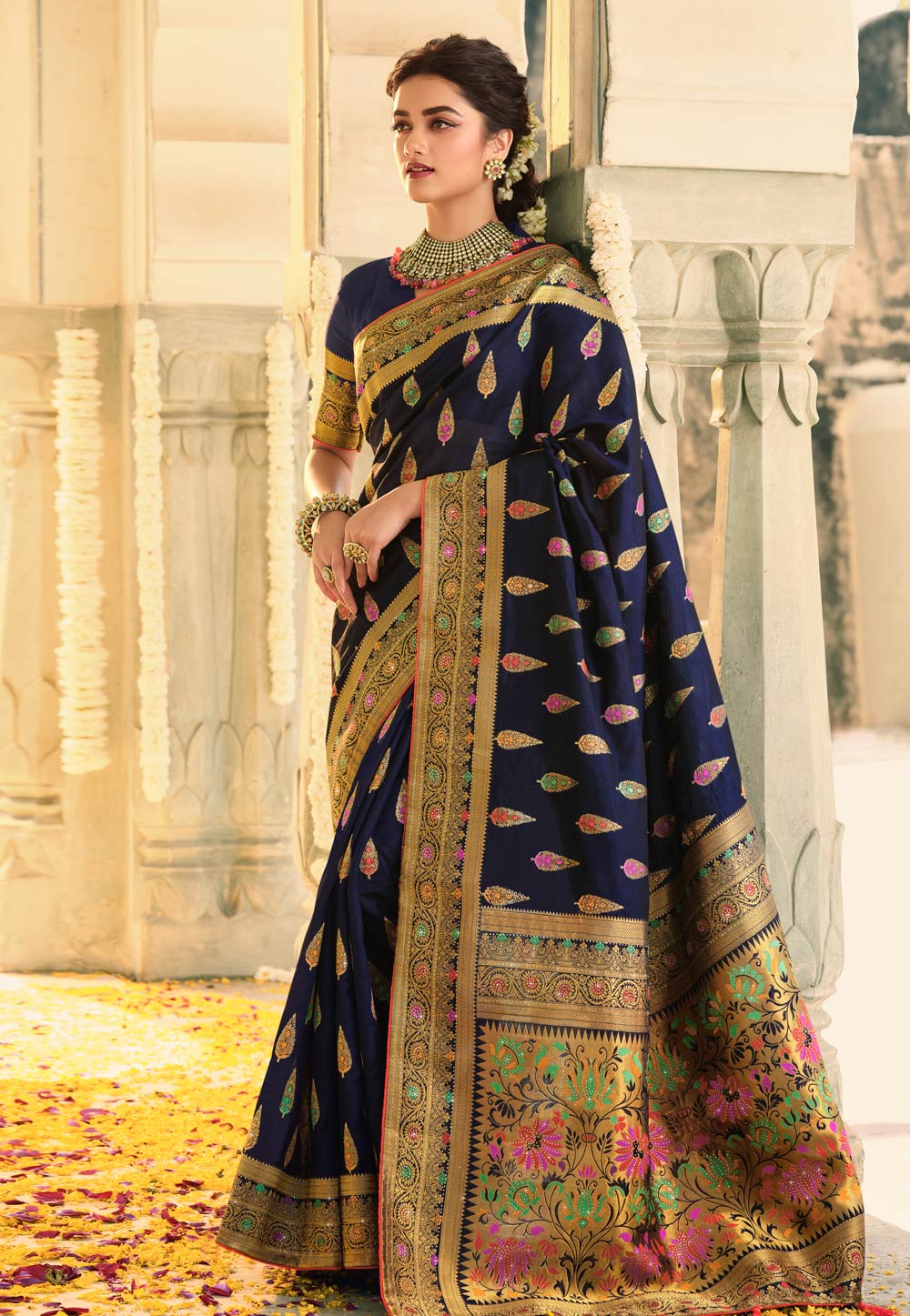 Navy Blue Silk Saree With Blouse 275901