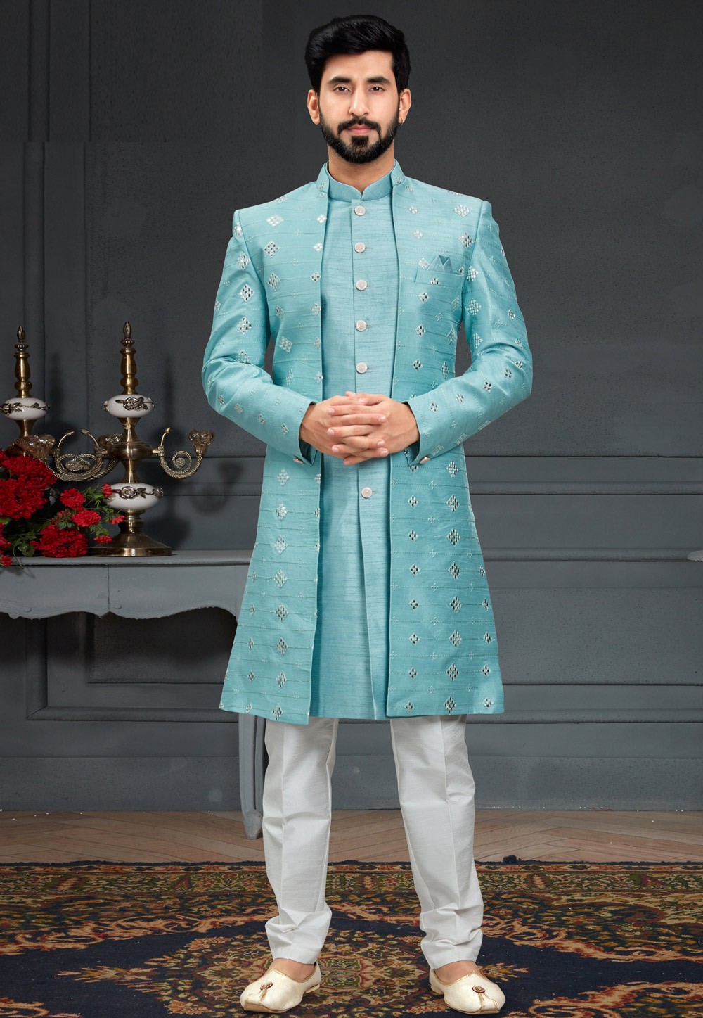 Turquoise Silk Indo Western Suit 246422