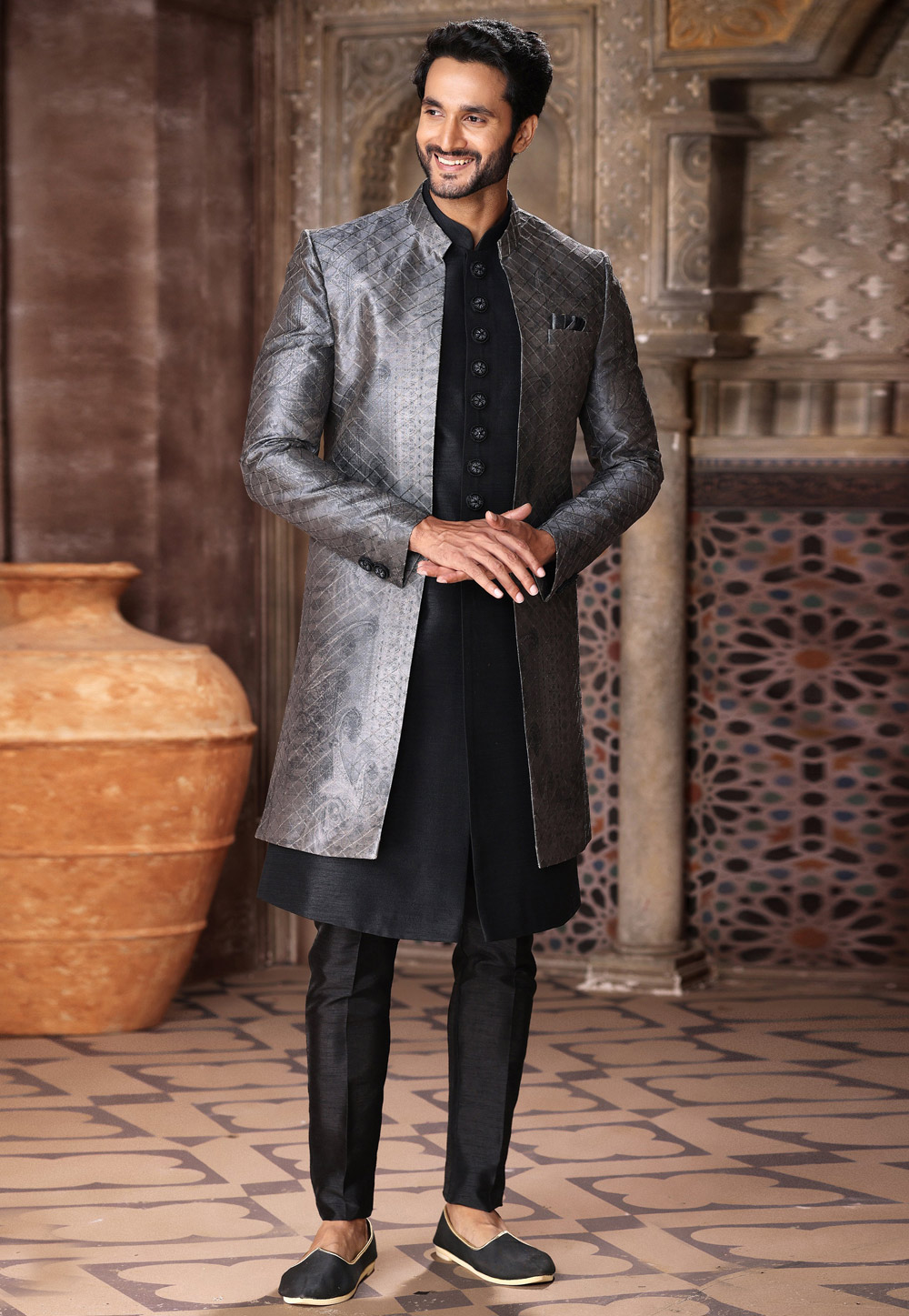 Black Art Silk Jacket Style Sherwani 264730