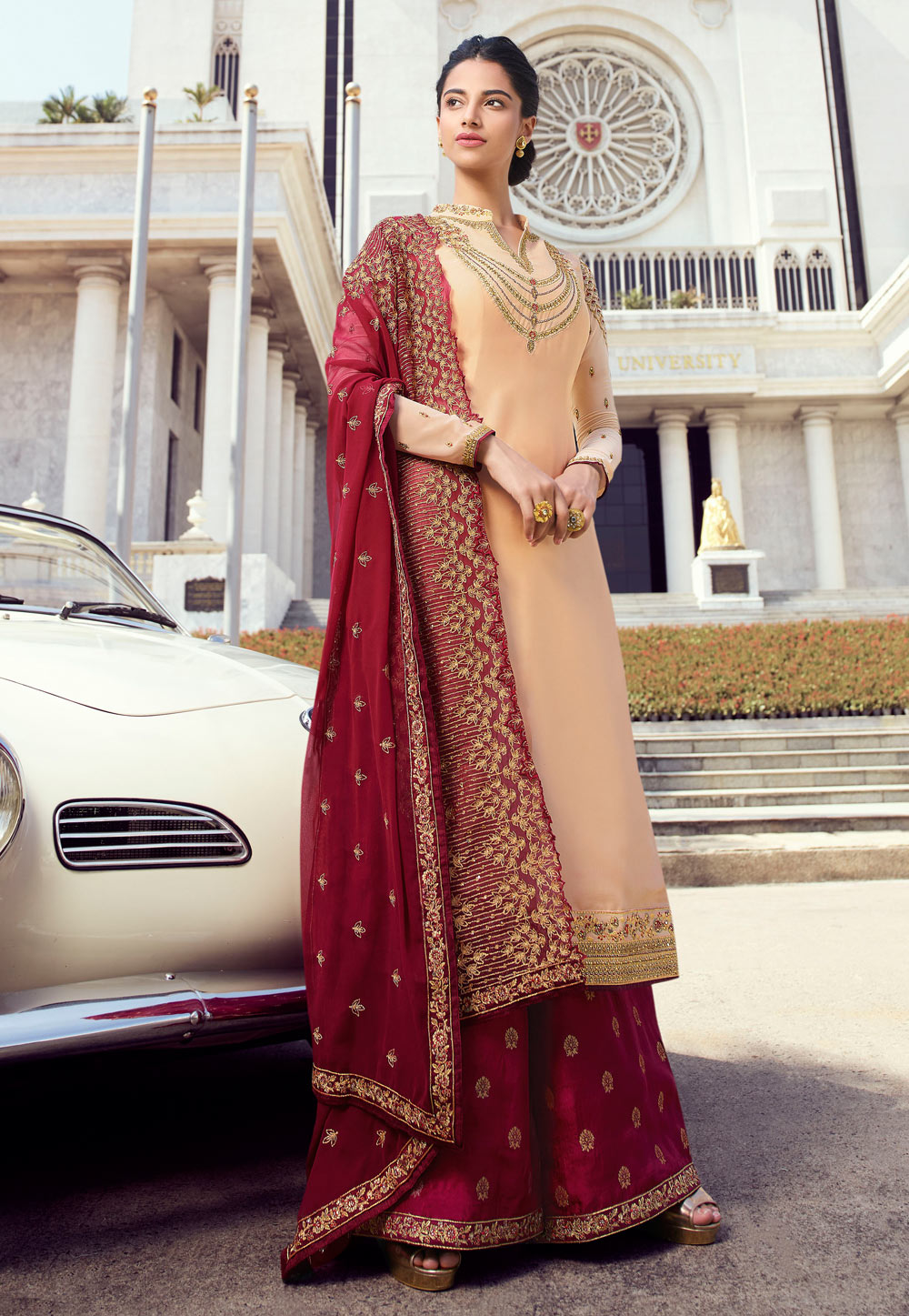 Peach Satin Embroidered Kameez With Palazzo 196935