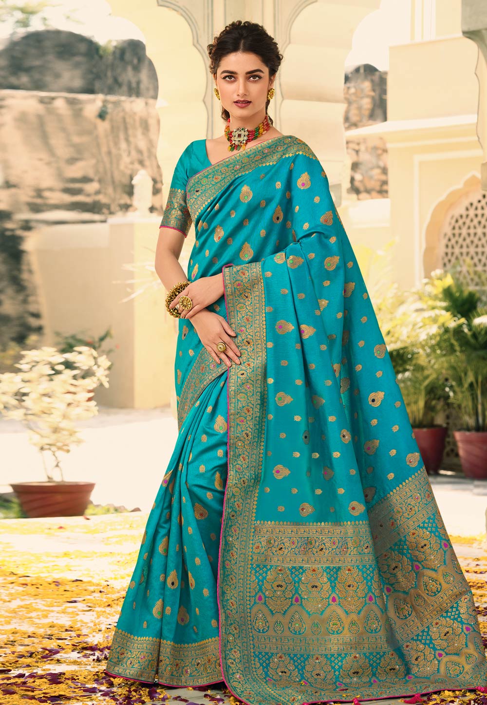 Turquoise Silk Saree With Blouse 275903