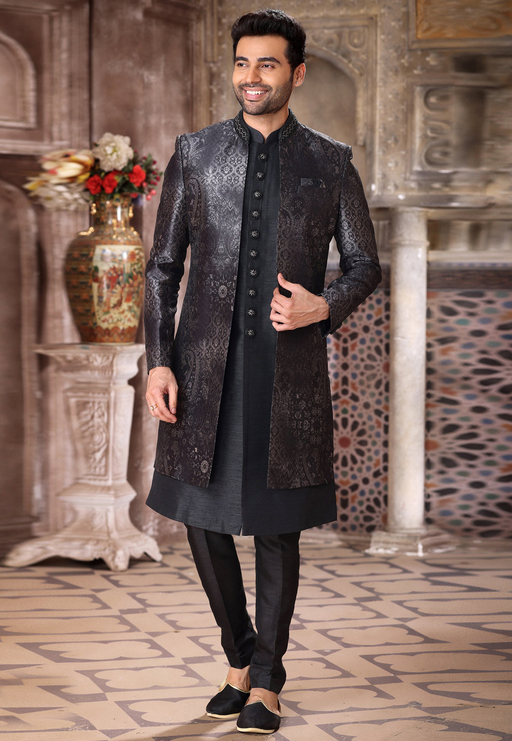 Black Art Silk Jacket Style Sherwani 264731
