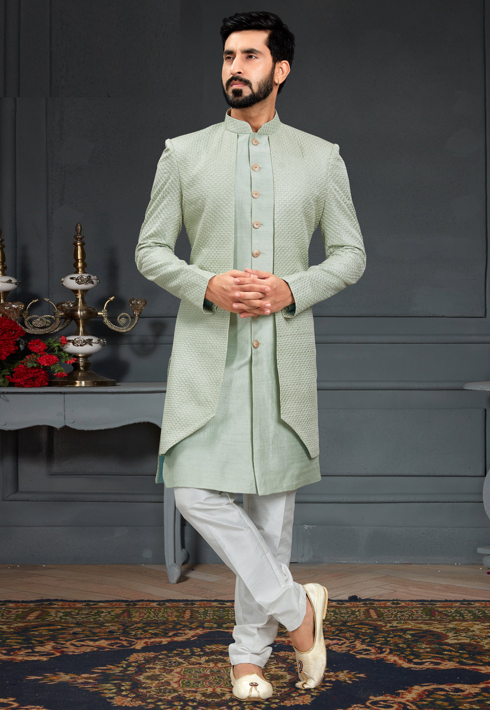 Pista Green Silk Indo Western Suit 246424