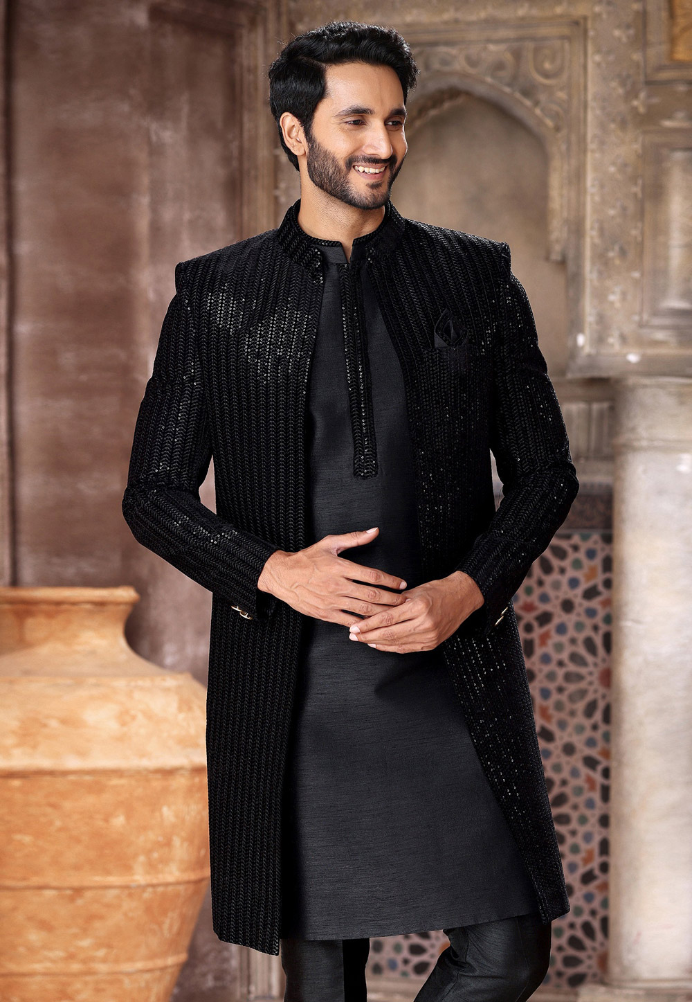 Navy Blue Velvet Jacket Style Sherwani 264732