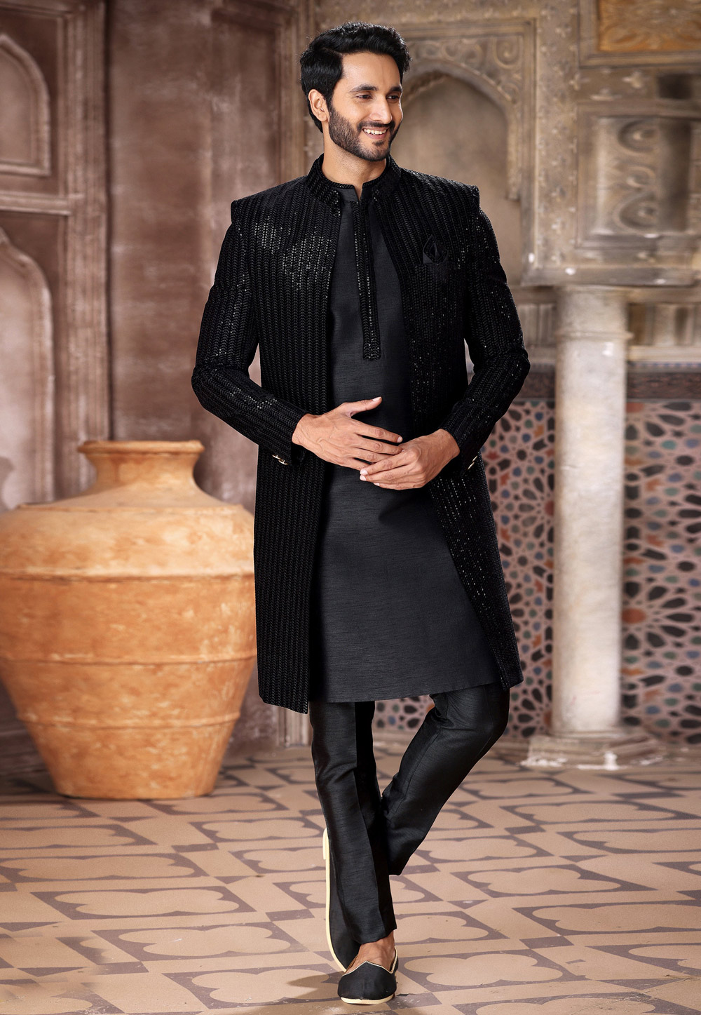 Black Velvet Jacket Style Sherwani 264733