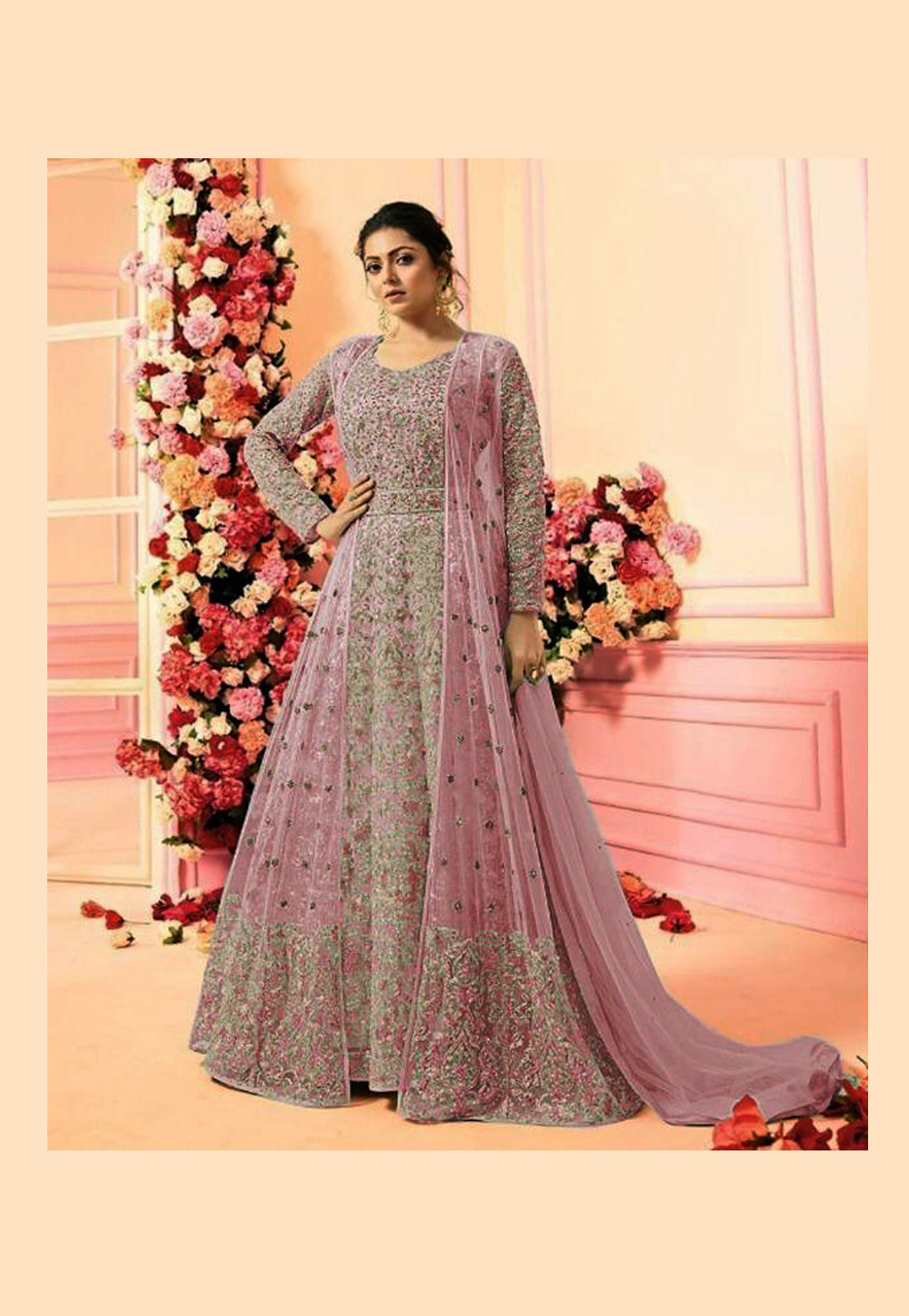 Drashti Dhami Pink Net Jacket Style Anarkali Suit 148014