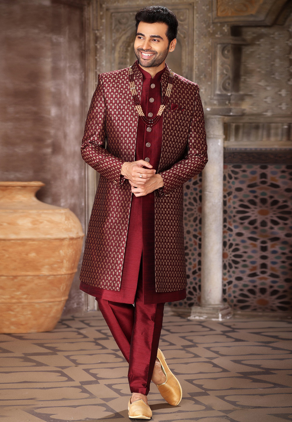 Maroon Banarasi Jacquard Jacket Style Sherwani 264734