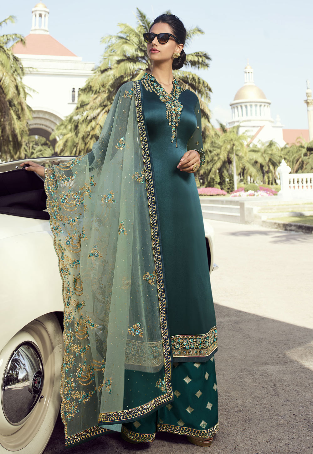 Teal Satin Embroidered Kameez With Palazzo 196939