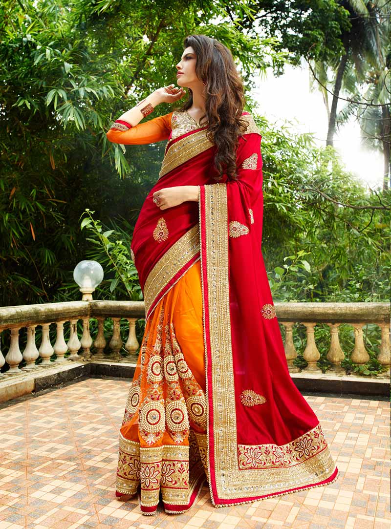 Red Georgette Half and Half Saree With Blouse 61696