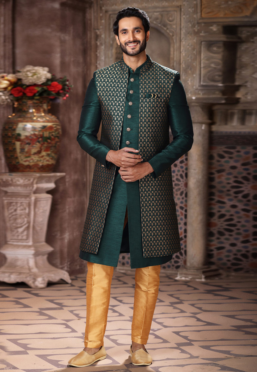 Green Banarasi Jacquard Jacket Style Sherwani 264735