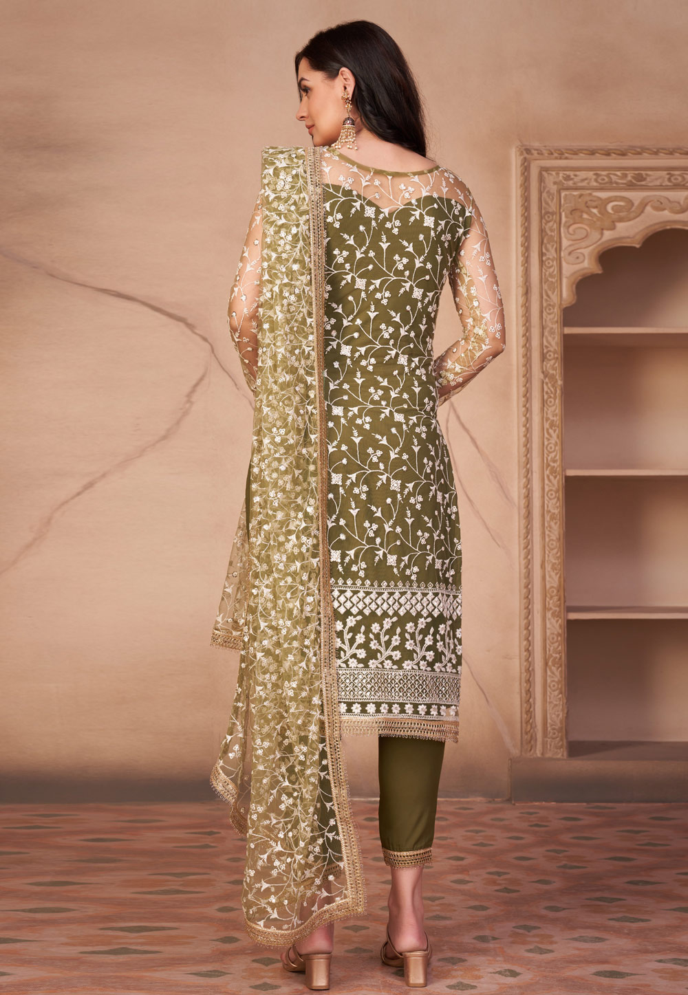 22111042022 Mehndi Net Pant Style Suit 2