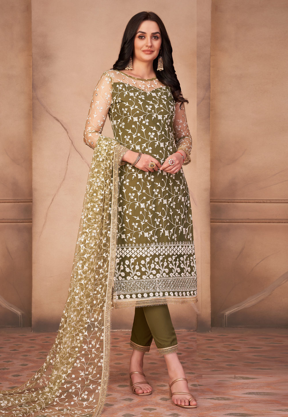 Silk mehndi Pakistani Suit with Embroidered - SK153040
