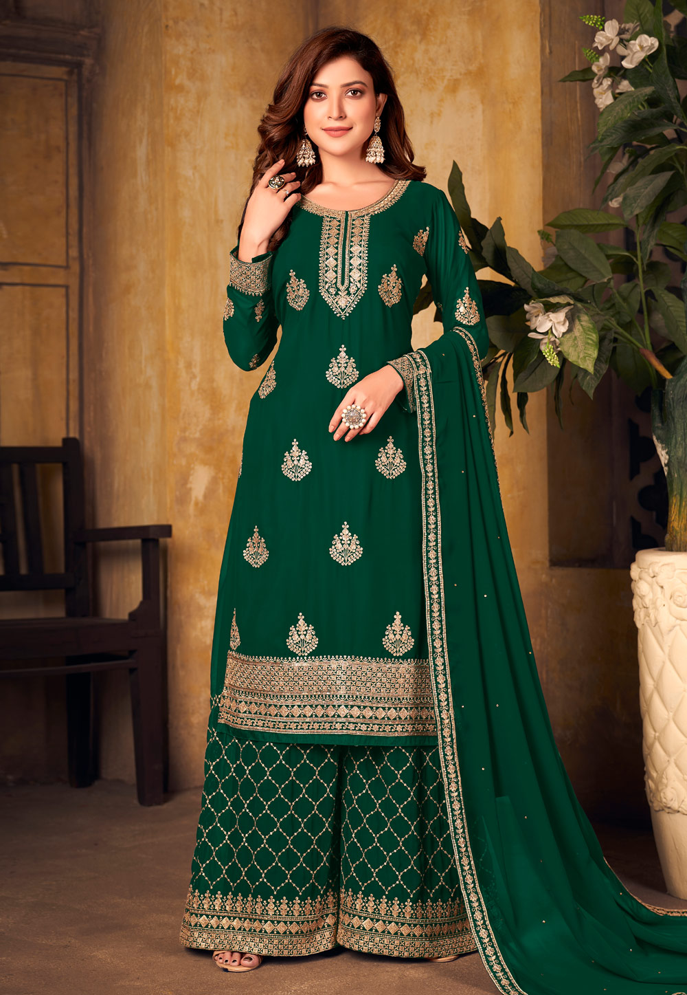 Green Faux Georgette Palazzo Suit 243719