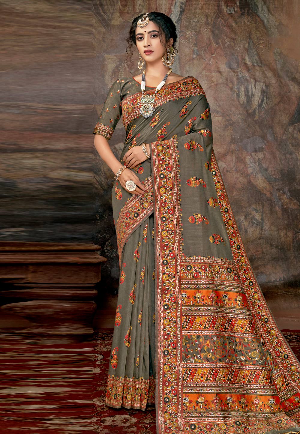 Grey Banarasi Silk Saree With Blouse 213709