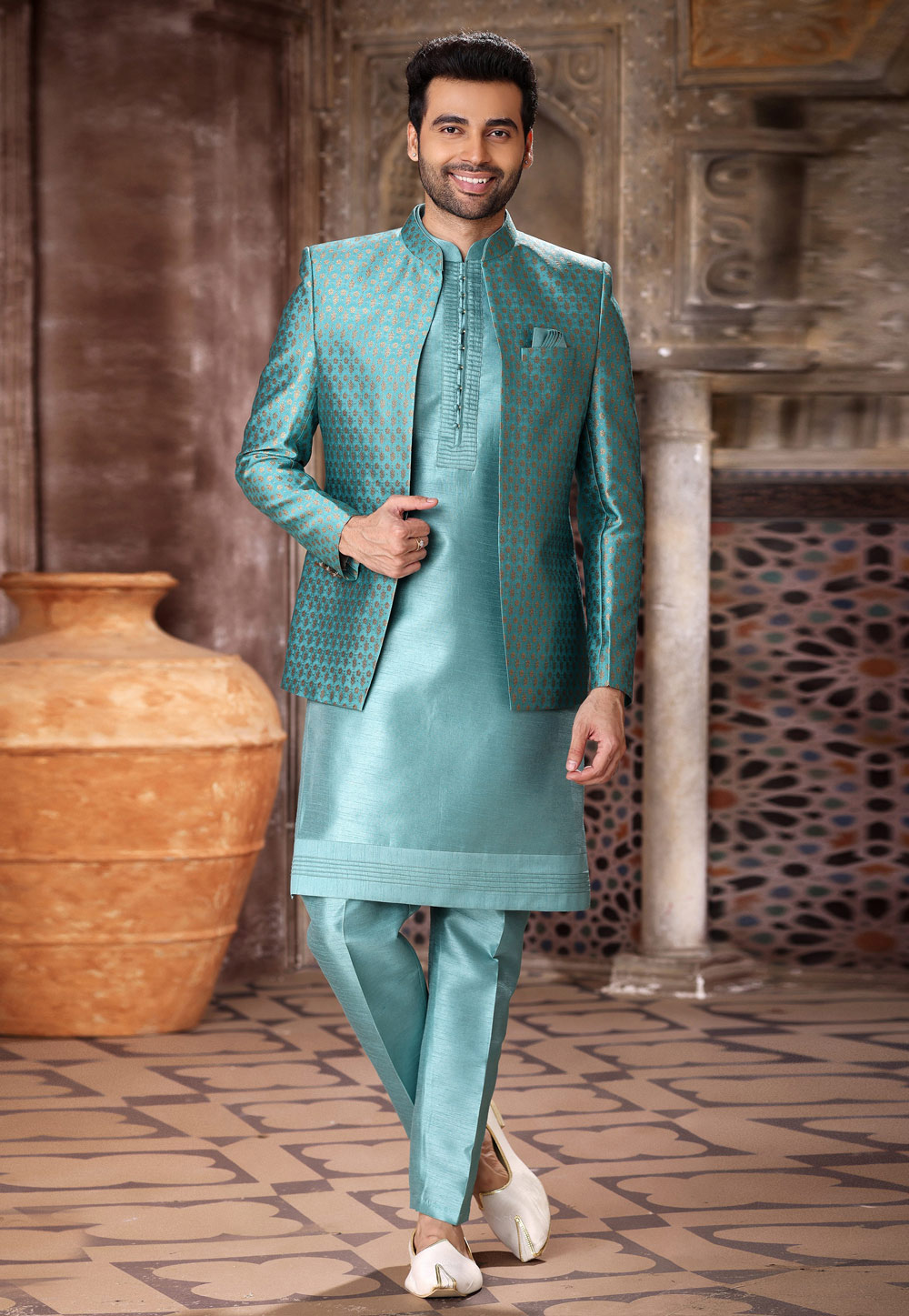 Sky Blue Banarasi Jacquard Jacket Style Sherwani 264736