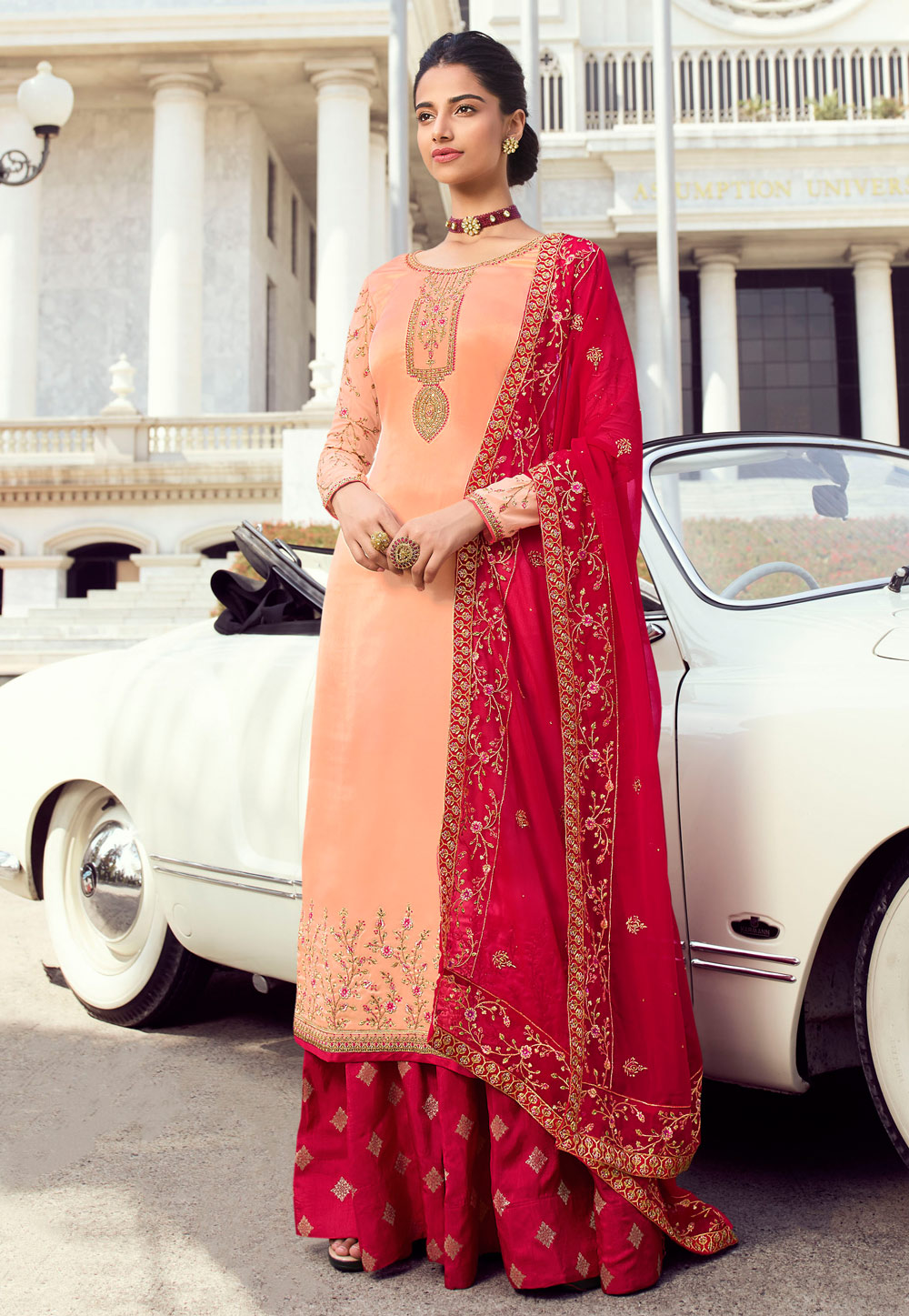 Peach Satin Embroidered Kameez With Palazzo 196941