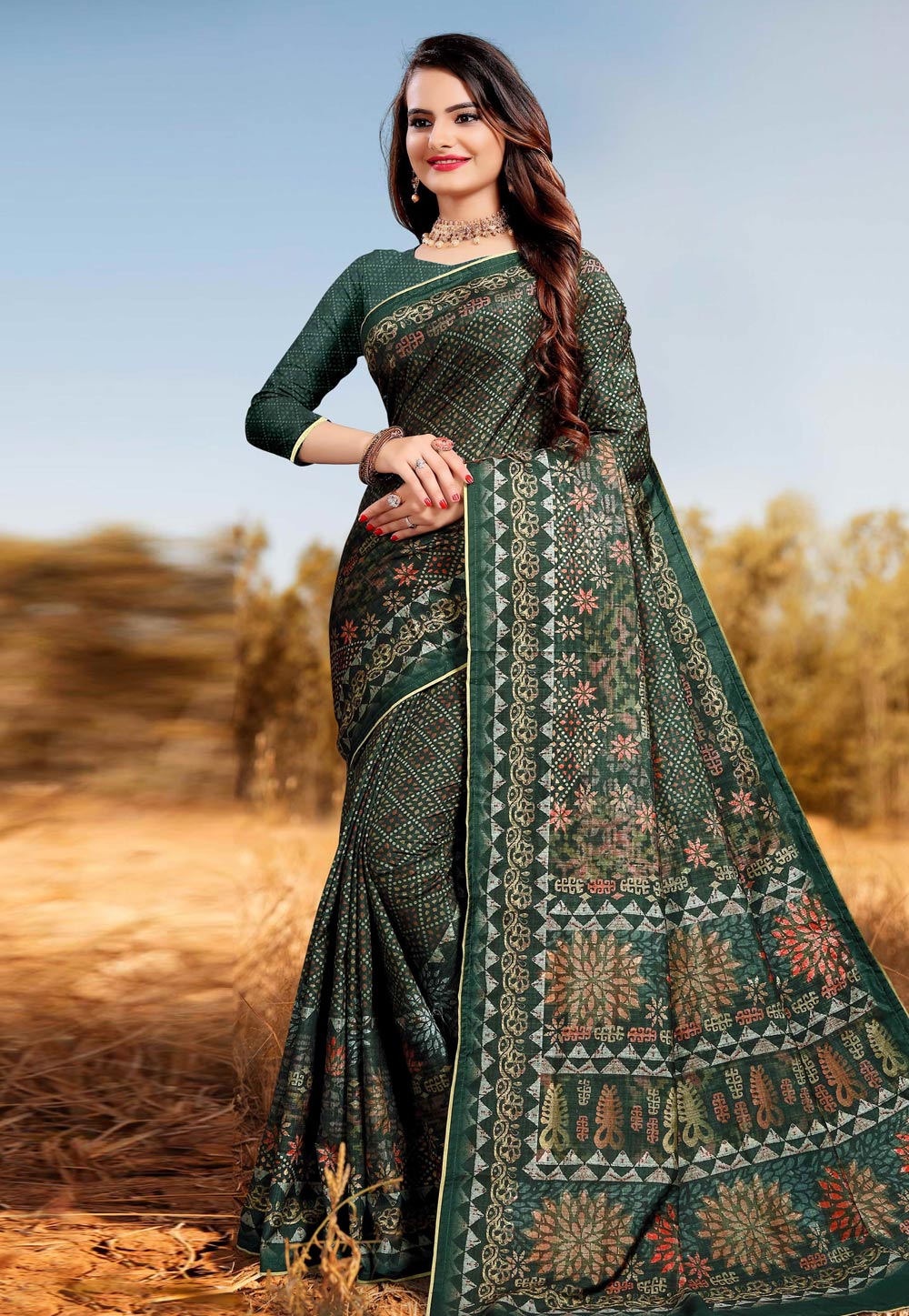 Green Silk Printed Saree With Blouse 204688
