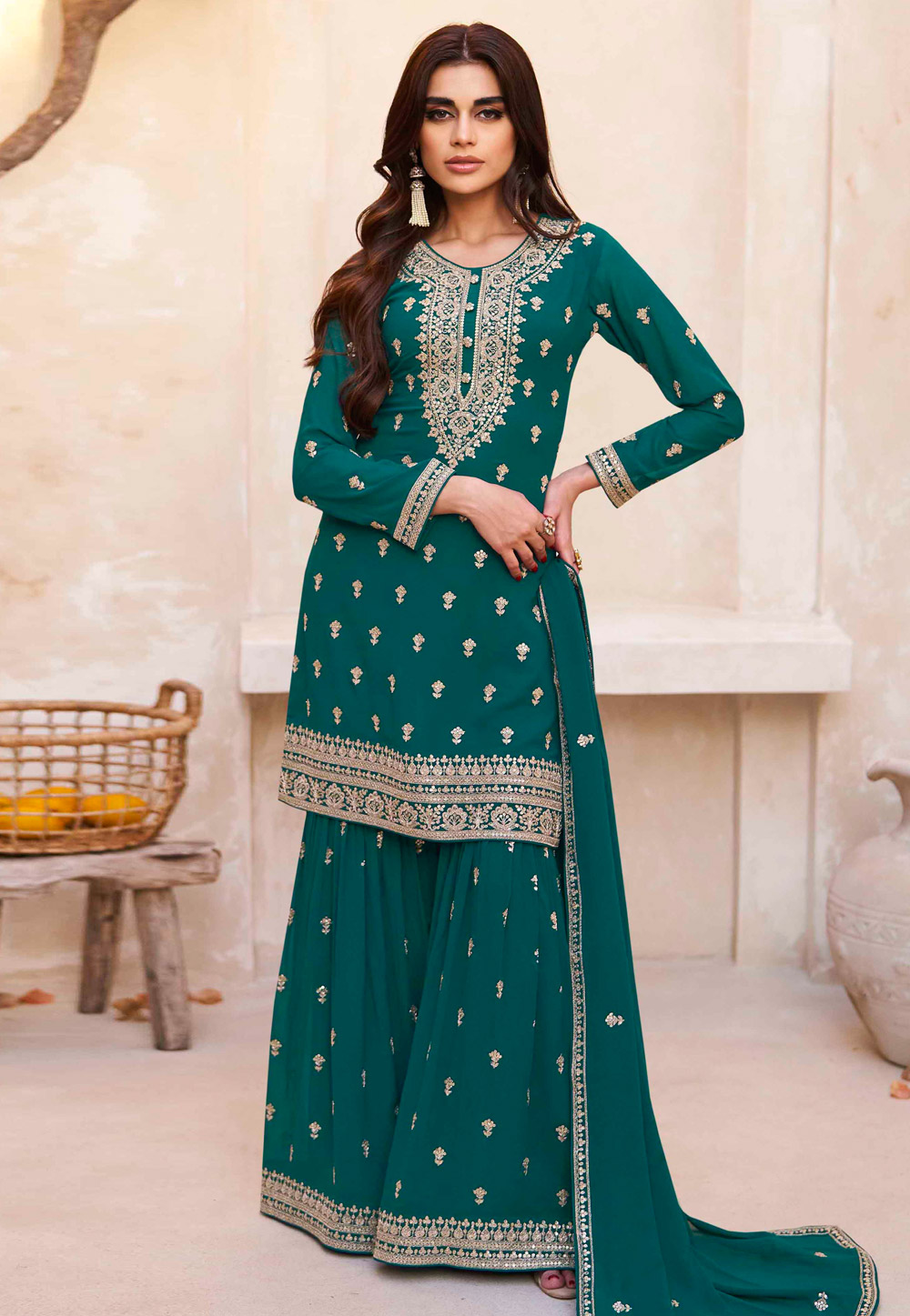 Teal Georgette Gharara Suit 273402