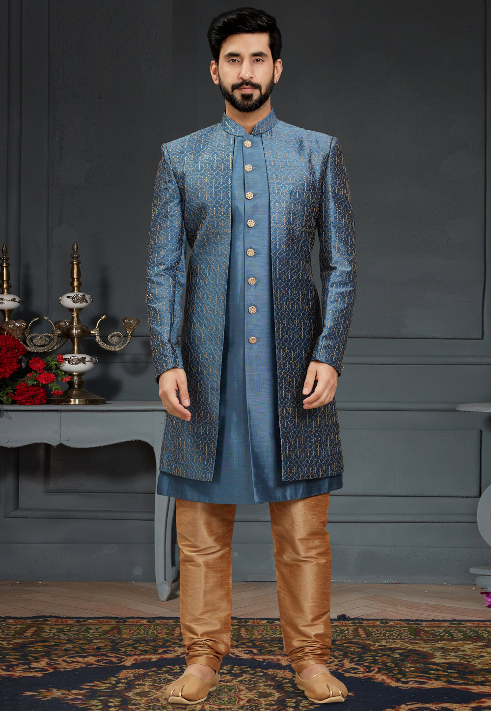 Blue Silk Indo Western Suit 246430