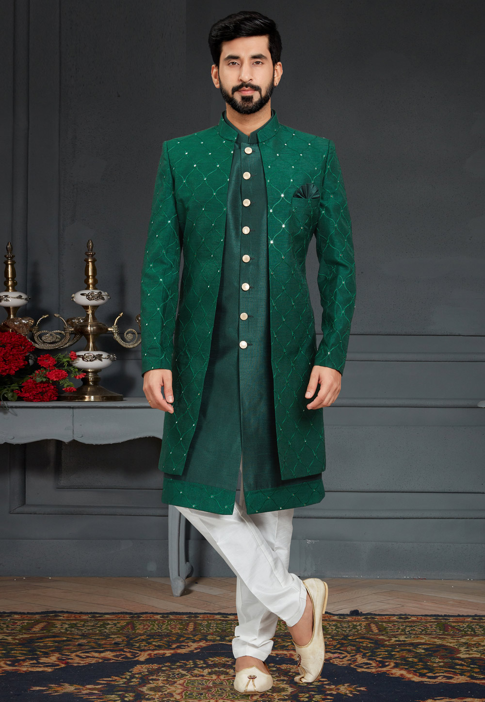 Green Silk Indo Western Suit 246432