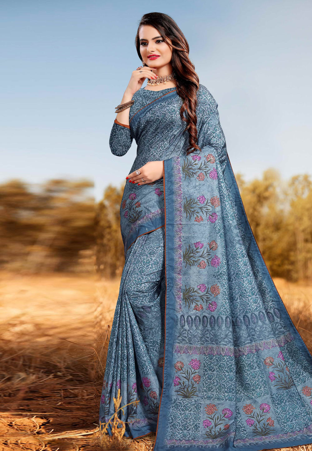 Blue Silk Printed Saree With Blouse 204694