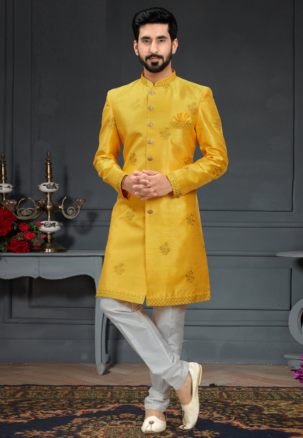 Yellow Silk Indo Western Suit 246435