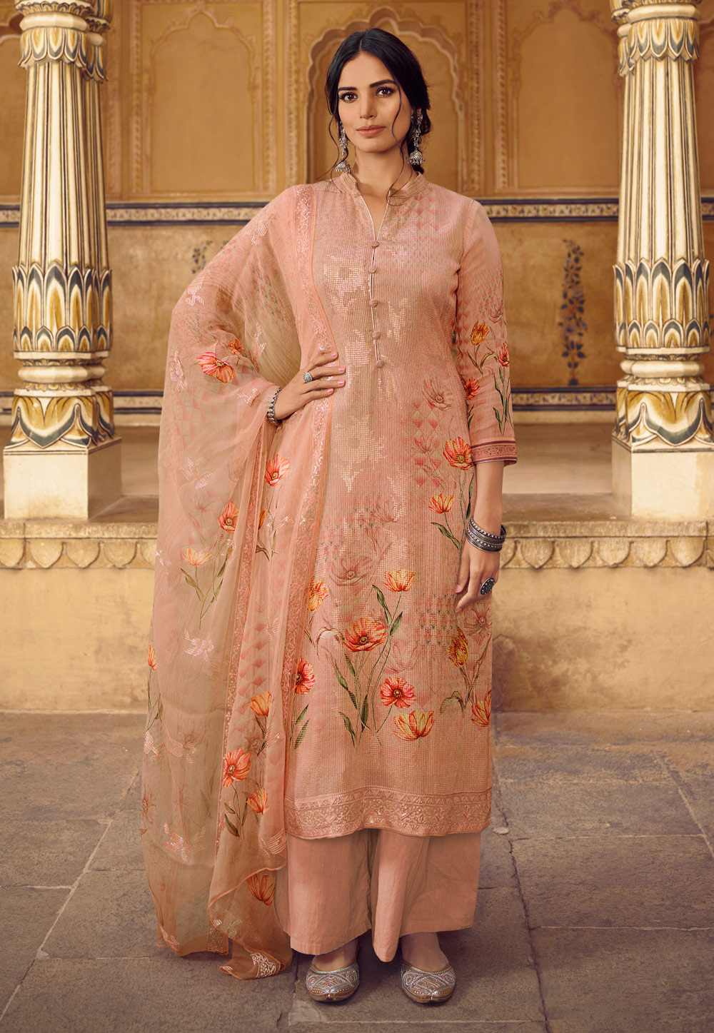 Peach Georgette Kameez With Palazzo 234777