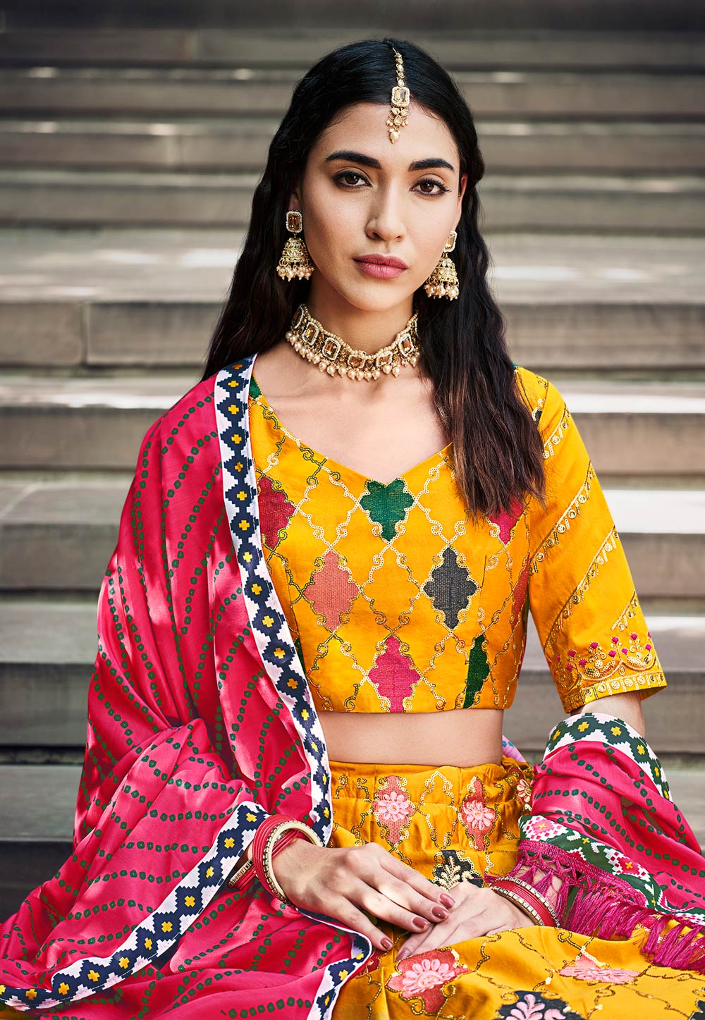 Green, Pink & Yellow Three Shades Lehenga by HER CLOSET for rent online |  FLYROBE