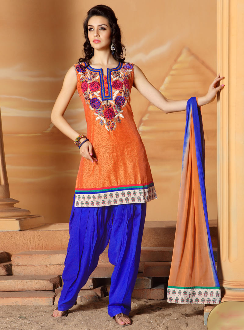 Orange Chanderi Readymade Punjabi Suit 86941