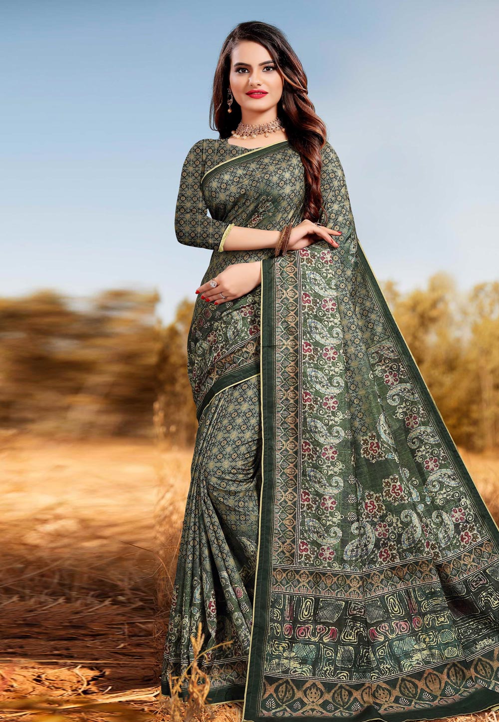 Green Silk Printed Saree With Blouse 204698